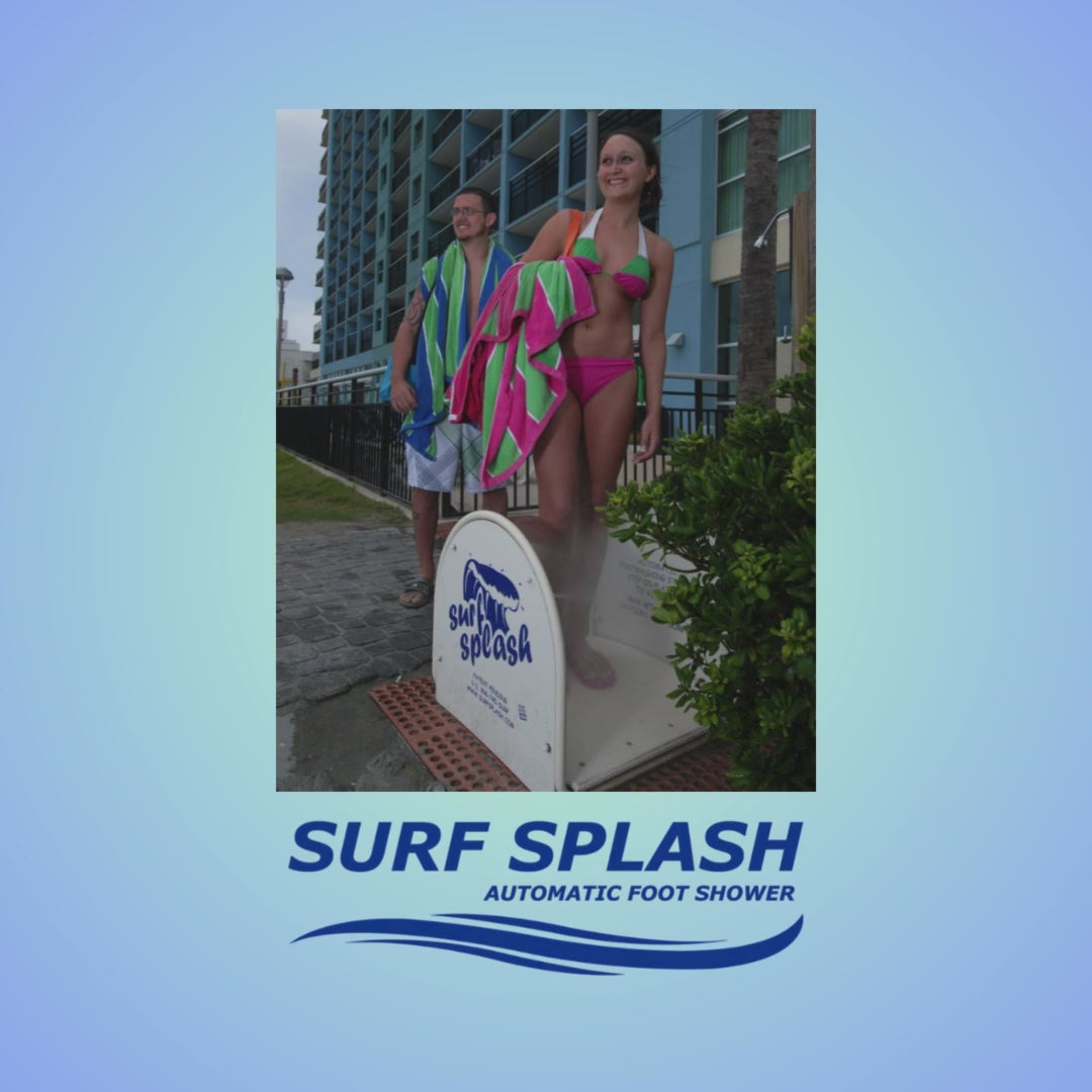 Load video: Surf Splash Outdoor Shower saves time on cleaning while it conserves precious water. It's hands-free operation uses no electricity and is made in the USA.